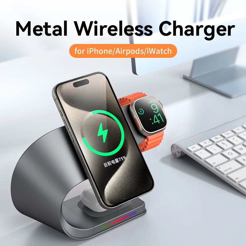Wireless Charger Stand Metal Shell Magnetic 15W Fast Charging Station Stand for iPhone 12-17 Mobile Phones  Airpods Watch 4 in 1