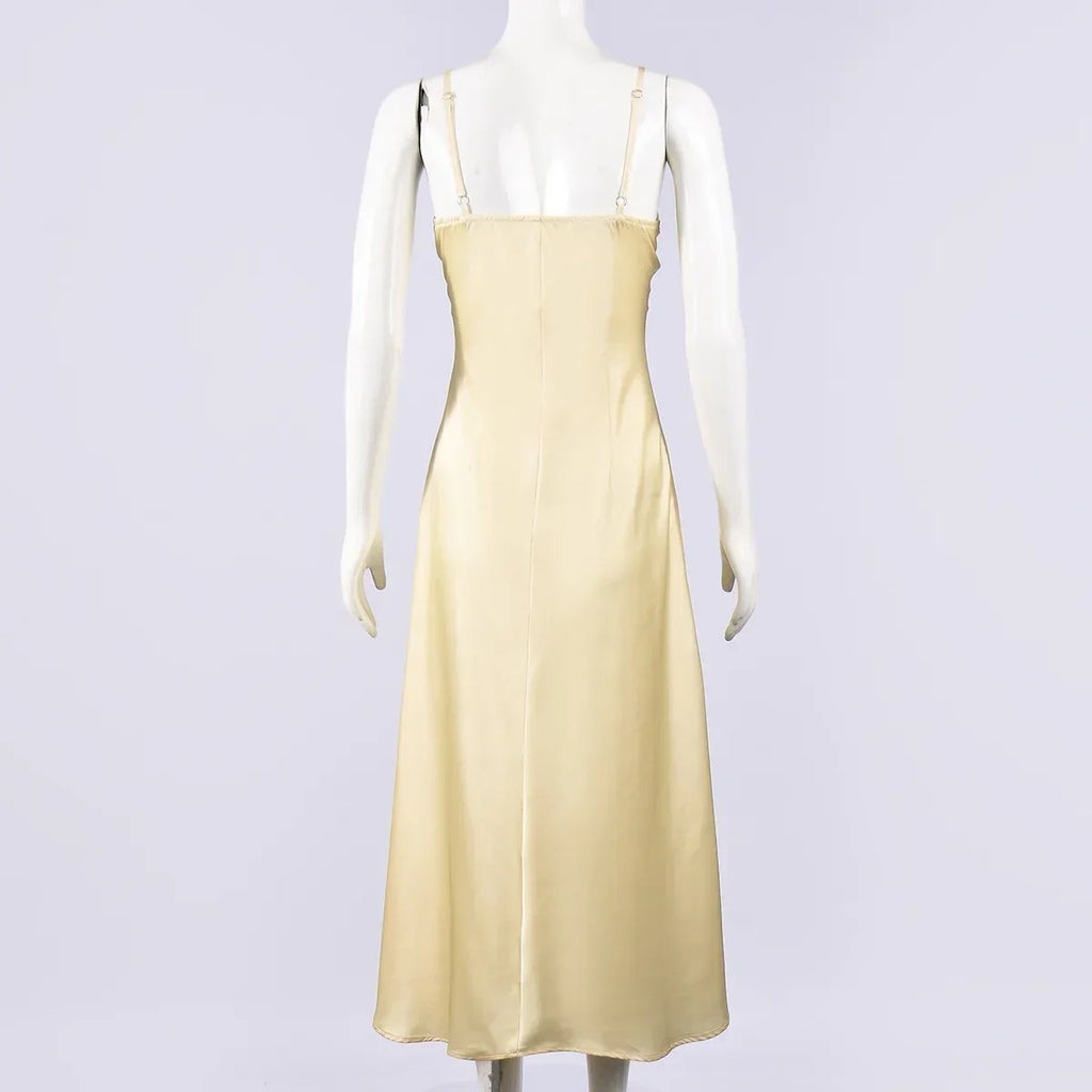 Satin Sexy Lace Spliced Maix Sling Dress Women Sleeveless Backless Yellow Vacation Vestidos 2026 Fashion Summer Lady Dresses﻿
