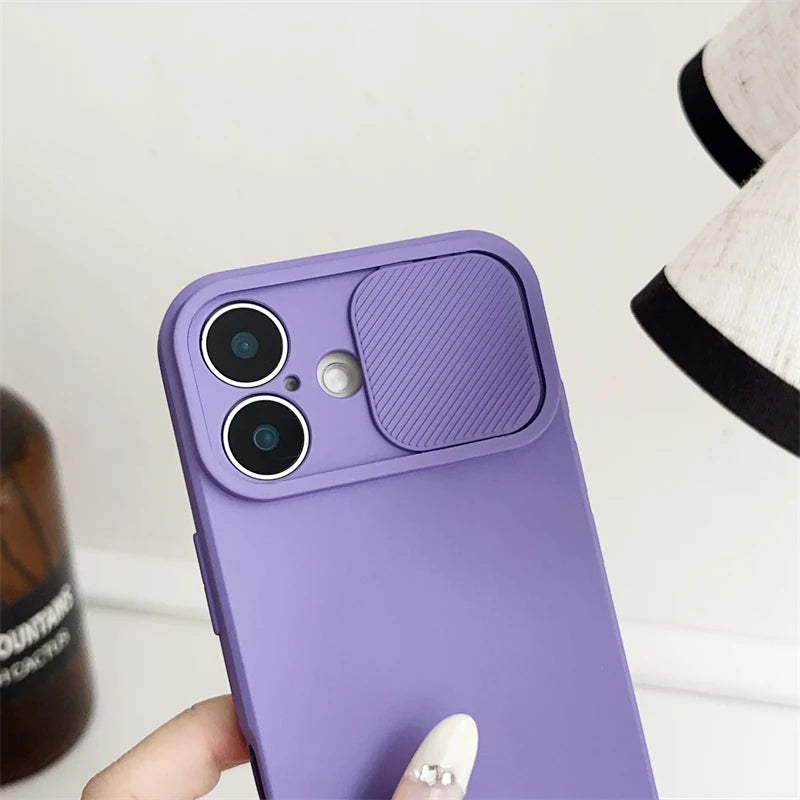 Slide Camera Lens Protection Soft Silicone Case For iPhone 16 15 14 Plus 13 12 11 Pro X XS XR Max 8 7 SE Shockproof Bumper Cover