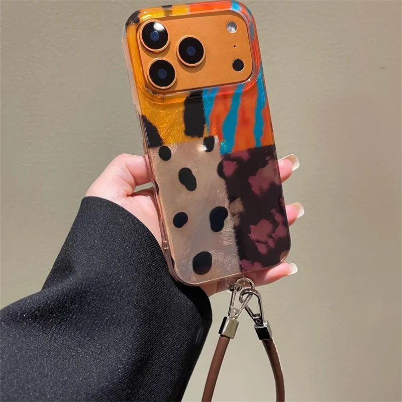 Vortex Pattern IND Splicing Zebra Pattern Phone Case with Hanging Rope for iPhone 11 12 13 14 15 16 17 Pro Max