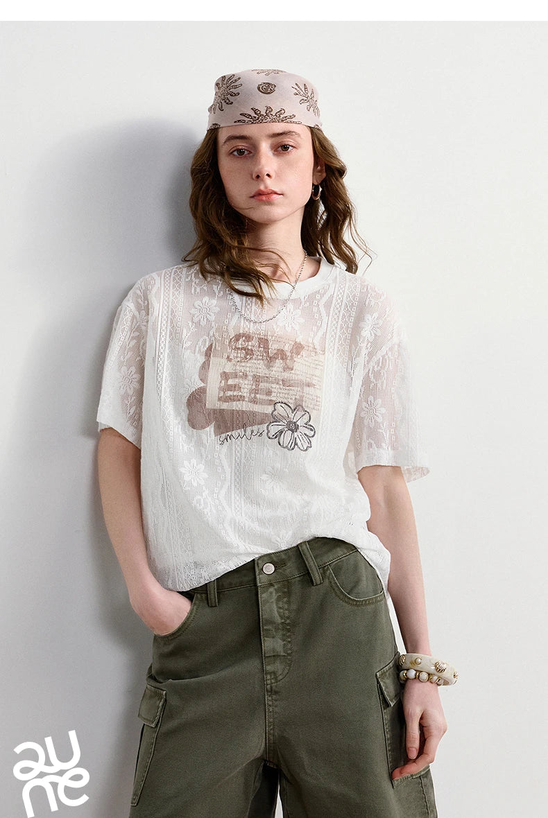TOYOUTH Women Lace Sheer T-Shirt 2026 Summer New Letter Flower Print Loose Drop Shoulder Fashion Pullover Tops