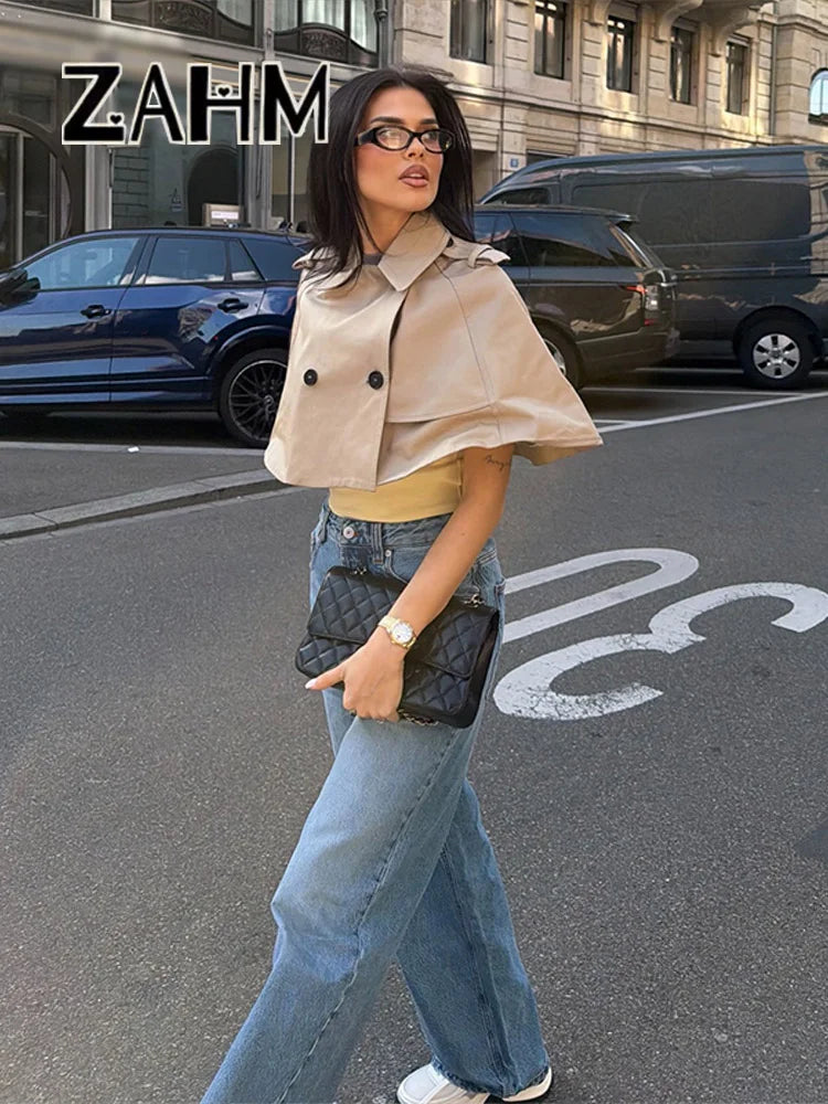 Casual Solid Women's Cope Turn-Down Collar Double Button Solid Lady Cloak 2026 Spring Summer Fashion Female Street Crop Tops New