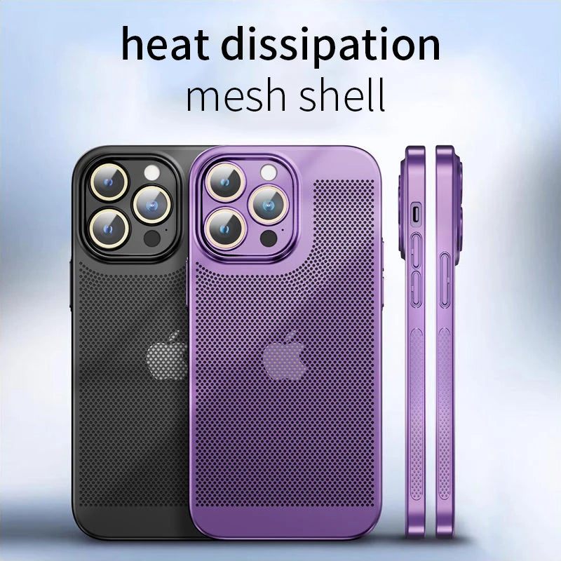 Cooling Hollow Phone Case For iPhone 16 15 14 13 12 11 Pro Max 13mini 12mini 16Plus XS XR X Heat Dissipation Electroplated Cover