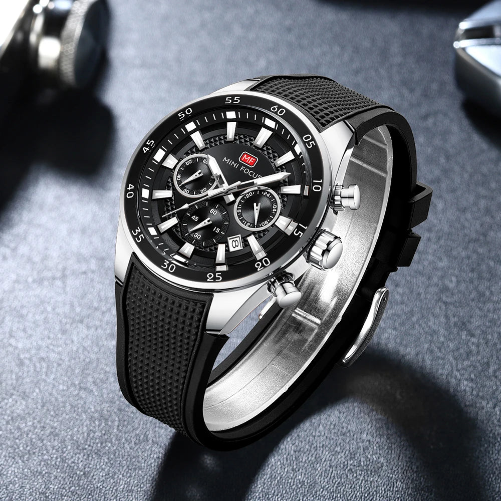 MINI FOCUS Men's Quartz Watch Multifunctional Chronograph Luminous Waterproof Casual Sport Wristwatch with Silicone Strap 0627G