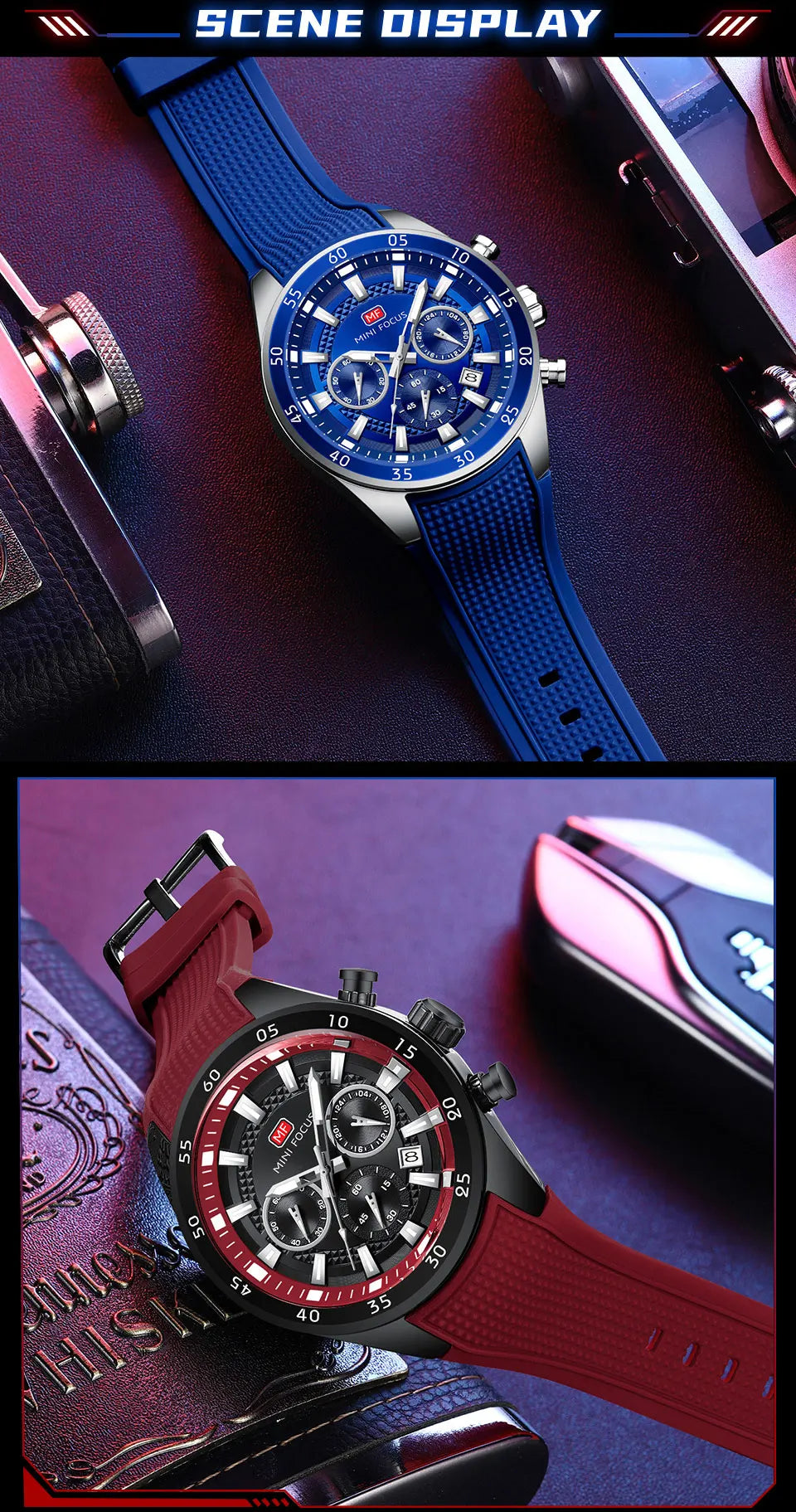 MINI FOCUS Men's Quartz Watch Multifunctional Chronograph Luminous Waterproof Casual Sport Wristwatch with Silicone Strap 0627G