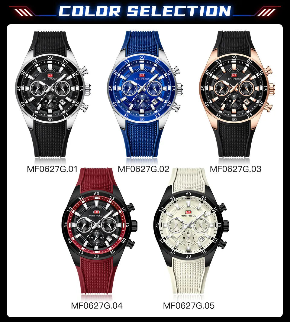 MINI FOCUS Men's Quartz Watch Multifunctional Chronograph Luminous Waterproof Casual Sport Wristwatch with Silicone Strap 0627G