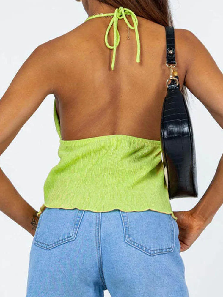 Women Halterneck Crop Tops Summer Solid Color Bandage Open Front Backless Sleeveless Green Tops y2k Streetwear