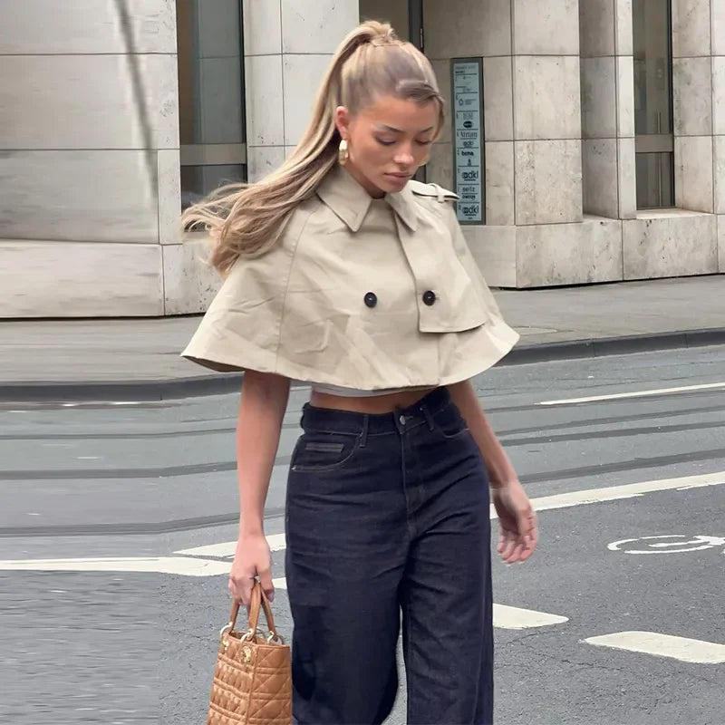 Casual Solid Women's Cope Turn-Down Collar Double Button Solid Lady Cloak 2026 Spring Summer Fashion Female Street Crop Tops New