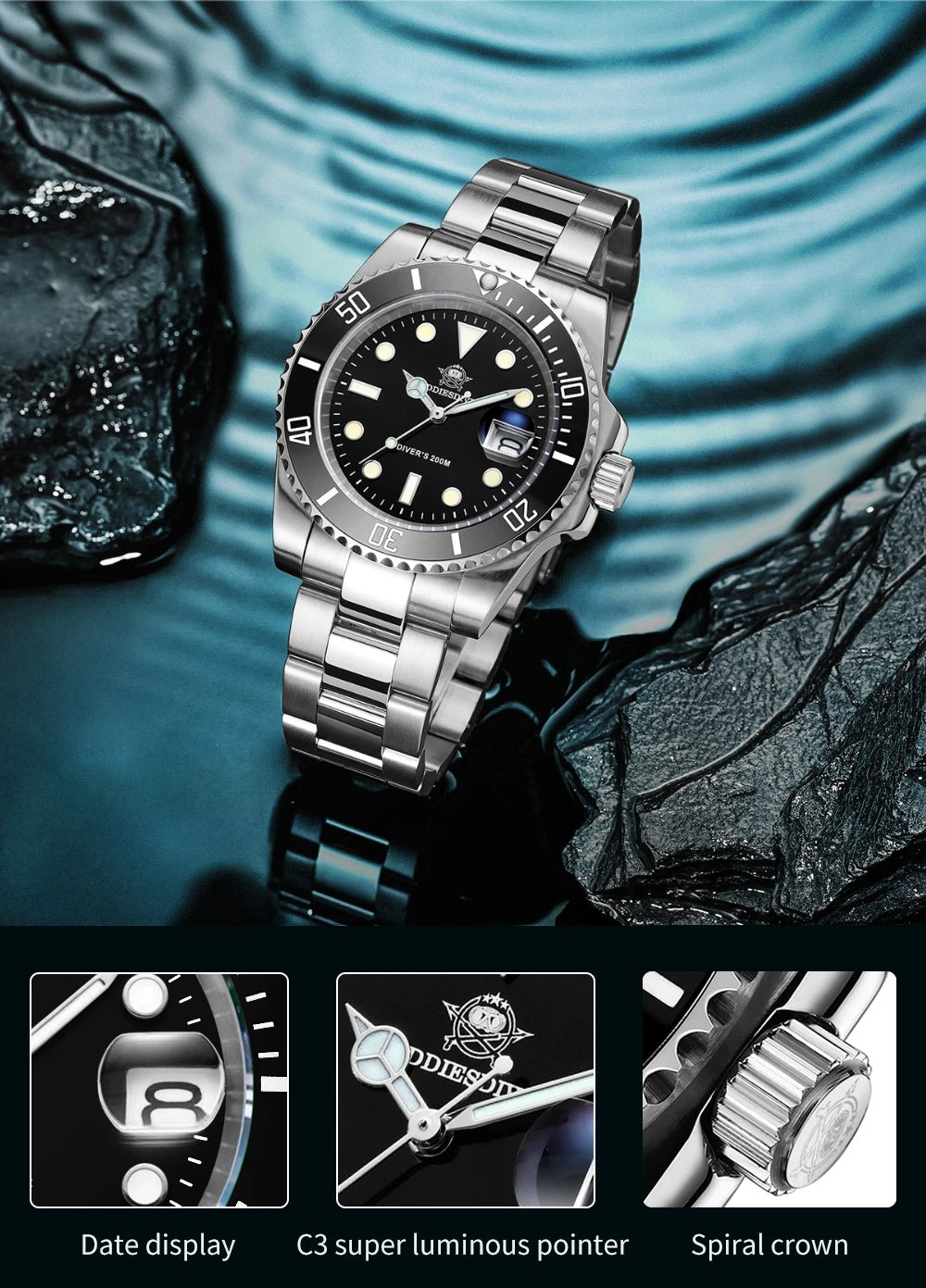 ADDIESDIVE Classic Men's Business and Leisure Quartz Watch 200m Waterproof 316L Stainless Steel Sports Night Light Diving Watch