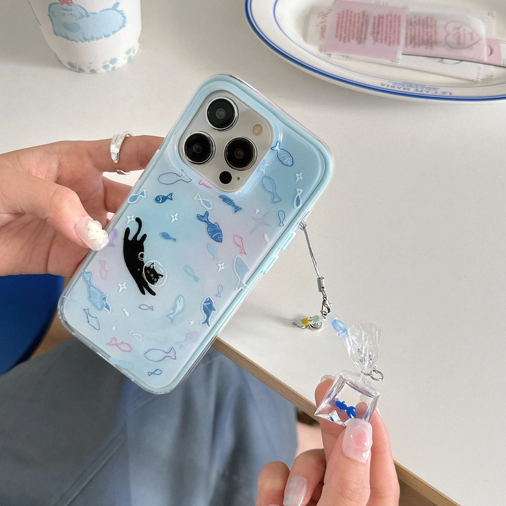 Cute & Dreamy Gradient Blue Colorful Fish & Astronaut Cat Fish Dangle Phone Case for iPhone 17 16 15 14 13 Pro Max Back Cover