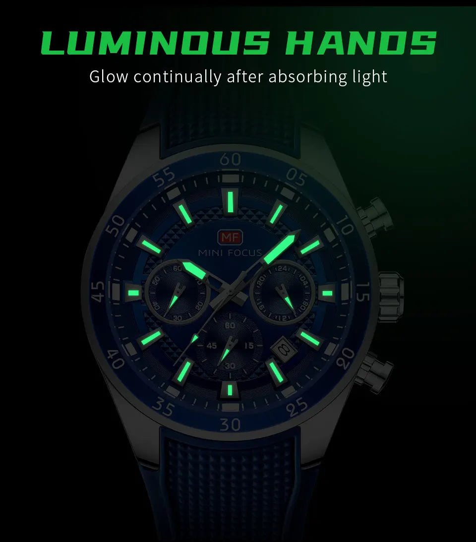 MINI FOCUS Men's Quartz Watch Multifunctional Chronograph Luminous Waterproof Casual Sport Wristwatch with Silicone Strap 0627G