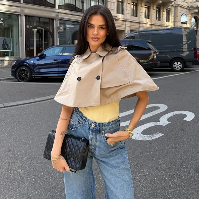 Casual Solid Women's Cope Turn-Down Collar Double Button Solid Lady Cloak 2026 Spring Summer Fashion Female Street Crop Tops New