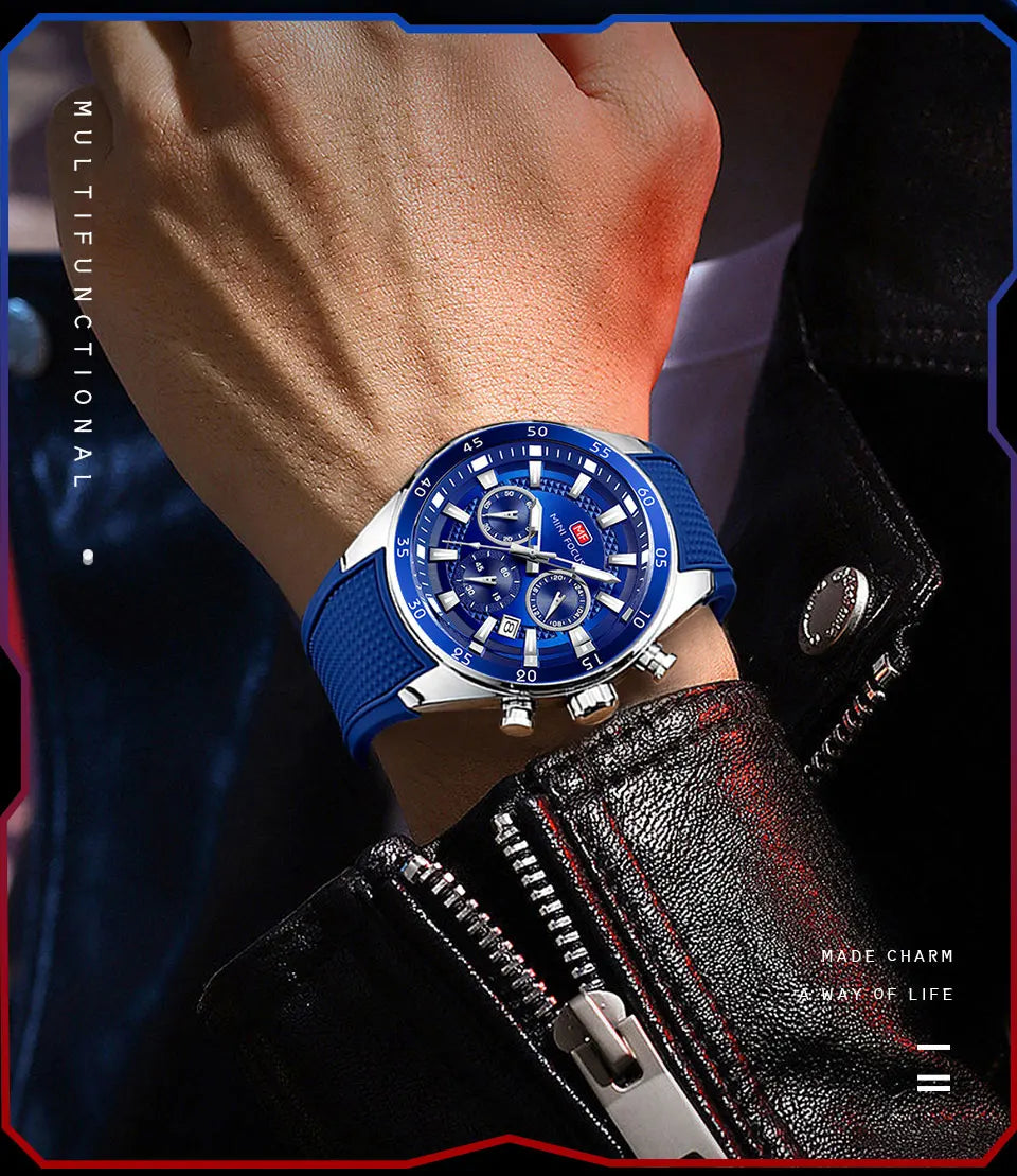 MINI FOCUS Men's Quartz Watch Multifunctional Chronograph Luminous Waterproof Casual Sport Wristwatch with Silicone Strap 0627G
