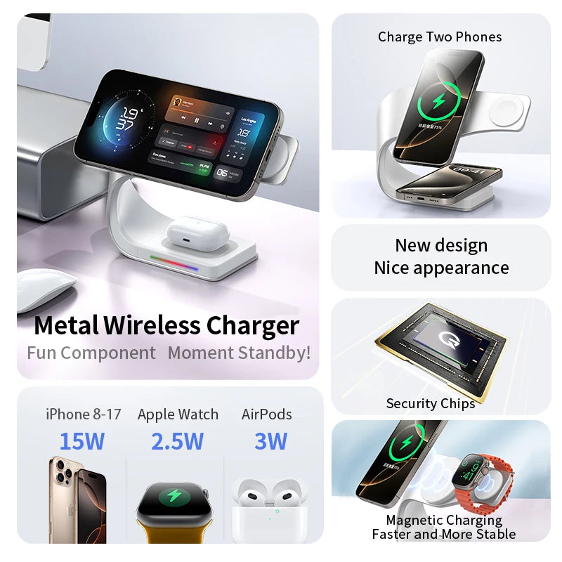 Wireless Charger Stand Metal Shell Magnetic 15W Fast Charging Station Stand for iPhone 12-17 Mobile Phones  Airpods Watch 4 in 1