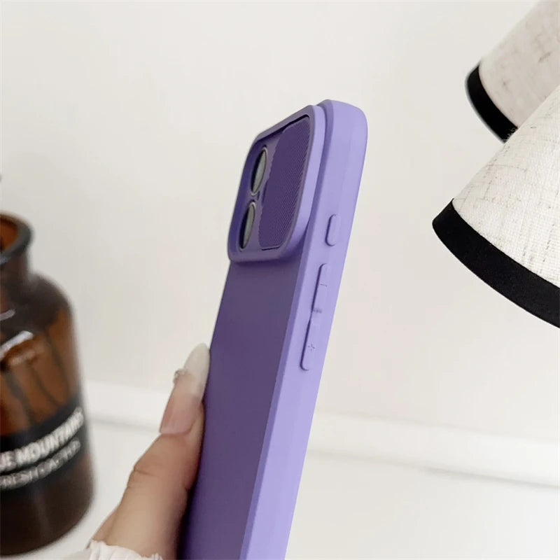 Slide Camera Lens Protection Soft Silicone Case For iPhone 16 15 14 Plus 13 12 11 Pro X XS XR Max 8 7 SE Shockproof Bumper Cover