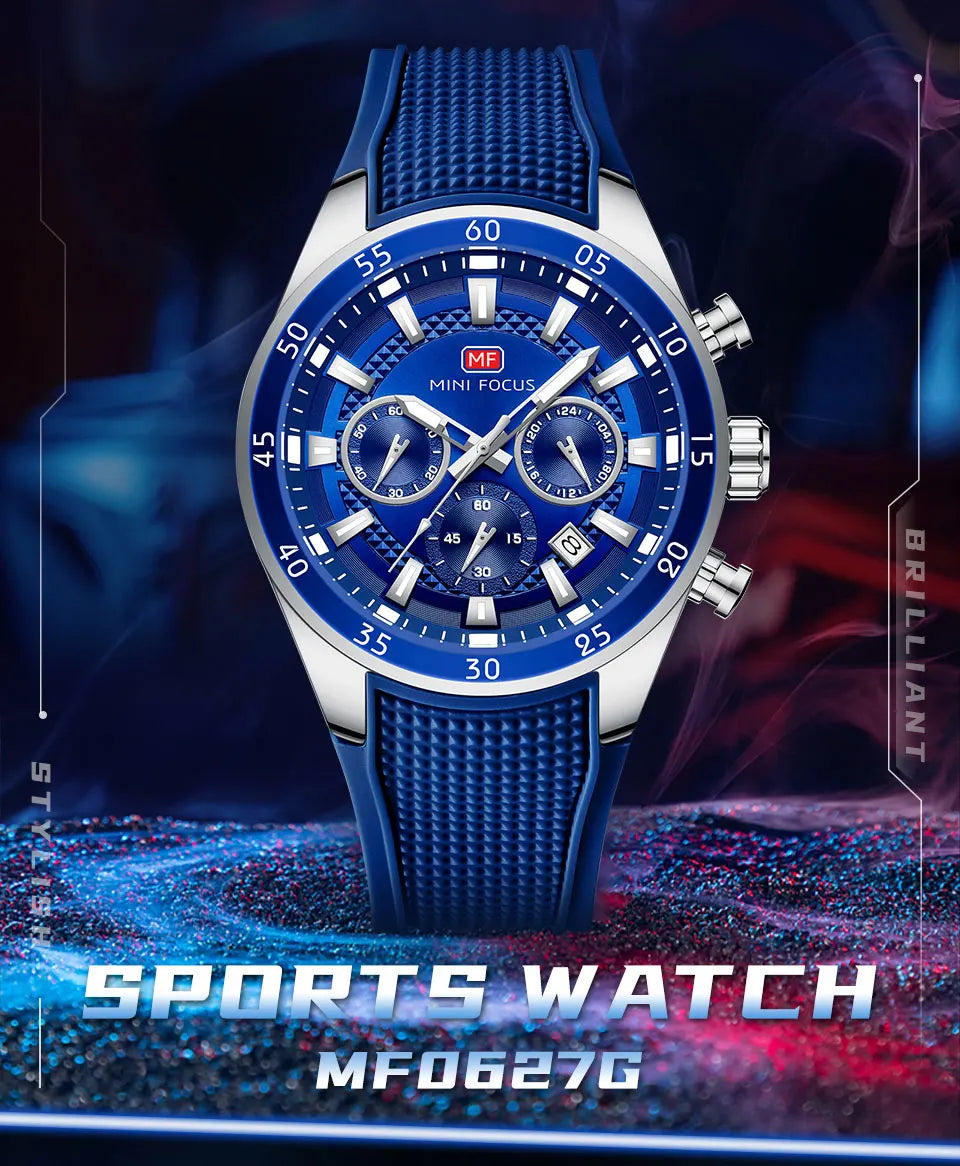 MINI FOCUS Men's Quartz Watch Multifunctional Chronograph Luminous Waterproof Casual Sport Wristwatch with Silicone Strap 0627G