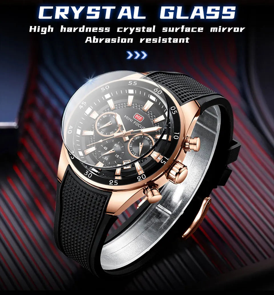 MINI FOCUS Men's Quartz Watch Multifunctional Chronograph Luminous Waterproof Casual Sport Wristwatch with Silicone Strap 0627G