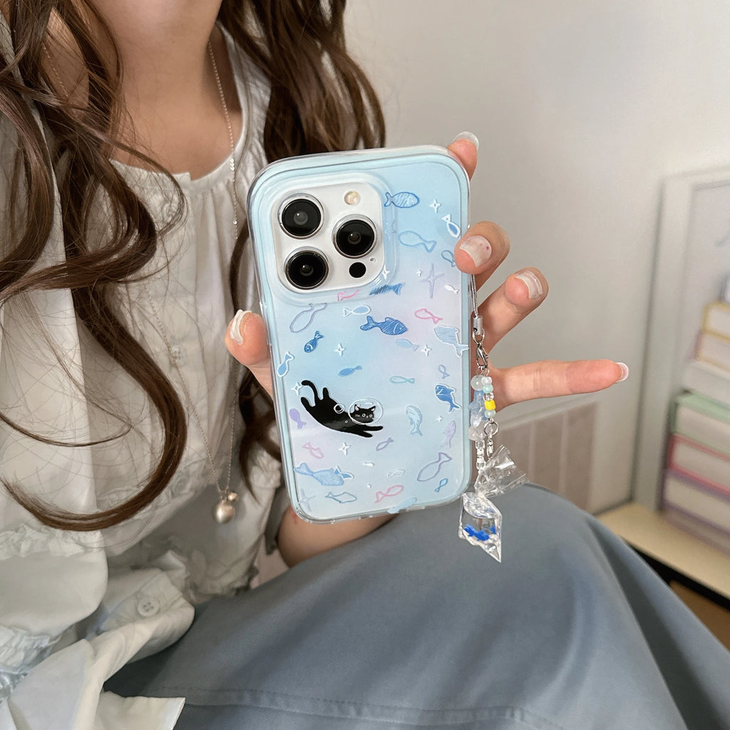Cute & Dreamy Gradient Blue Colorful Fish & Astronaut Cat Fish Dangle Phone Case for iPhone 17 16 15 14 13 Pro Max Back Cover