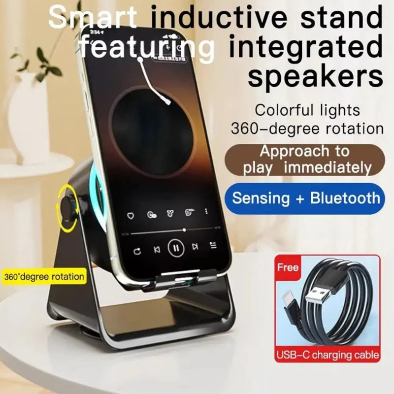 4-in-1 Portable Induction Bluetooth Speaker 360 Degree Rotatable Phone Stand Color Ambient Light Desk Audio Compatible With iPhone Android
